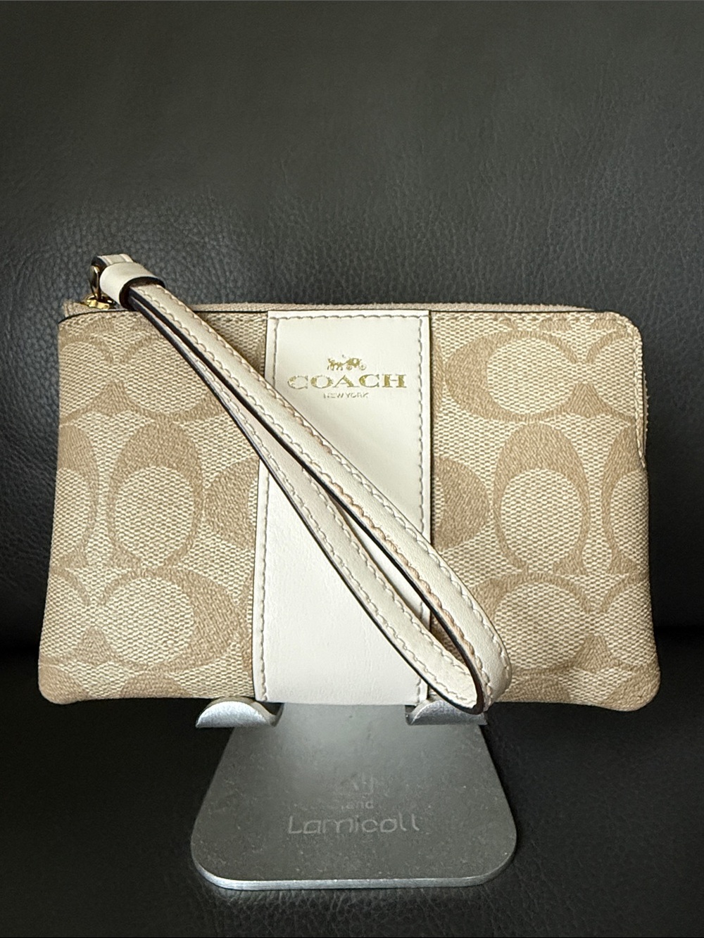 Coach Beige Signature Canvas Wristlet with White Leather Center